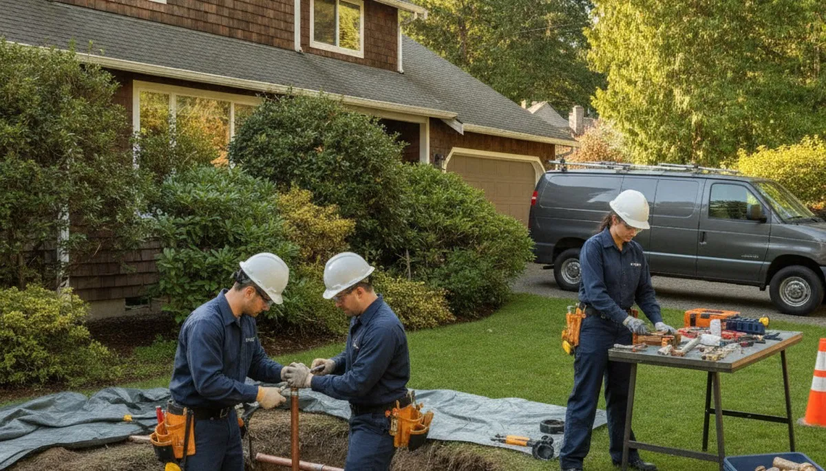 Seattle, WA plumbing repair technician servicing a residential pipe leak with professional tools