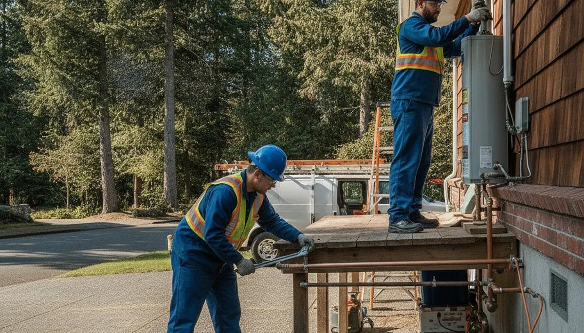 Seattle, WA plumbing repair technician servicing a residential pipe leak with professional tools