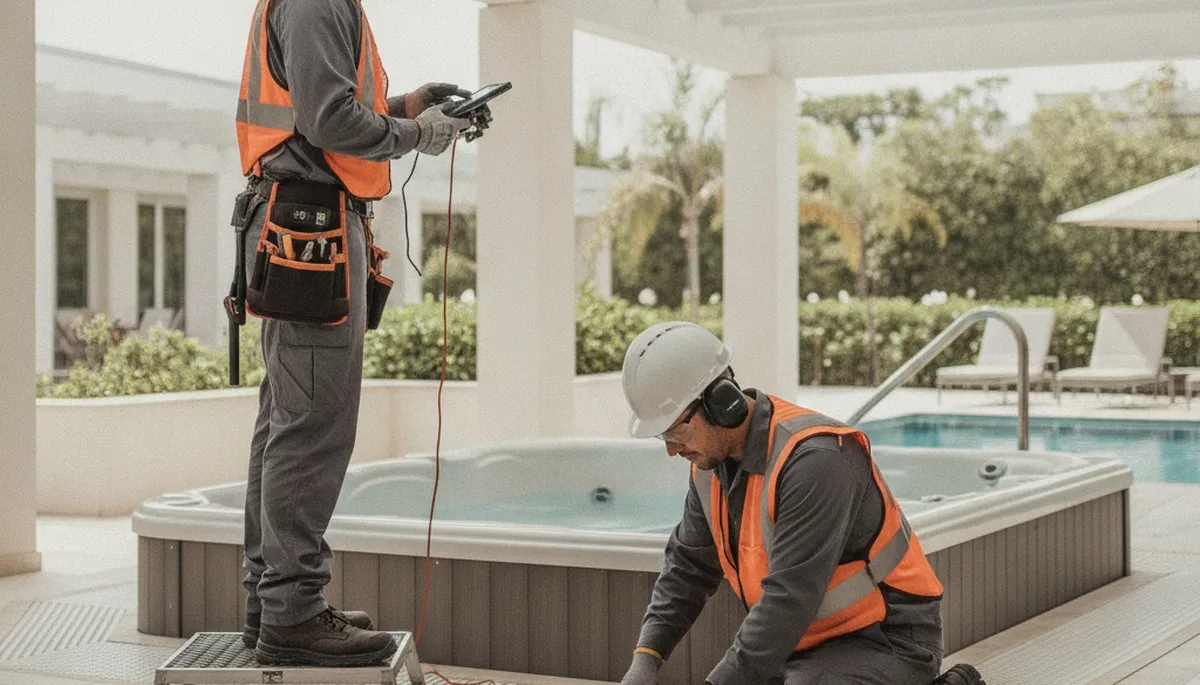 Seattle, WA spa repair plumber inspecting home spa equipment for On Call Plumbers