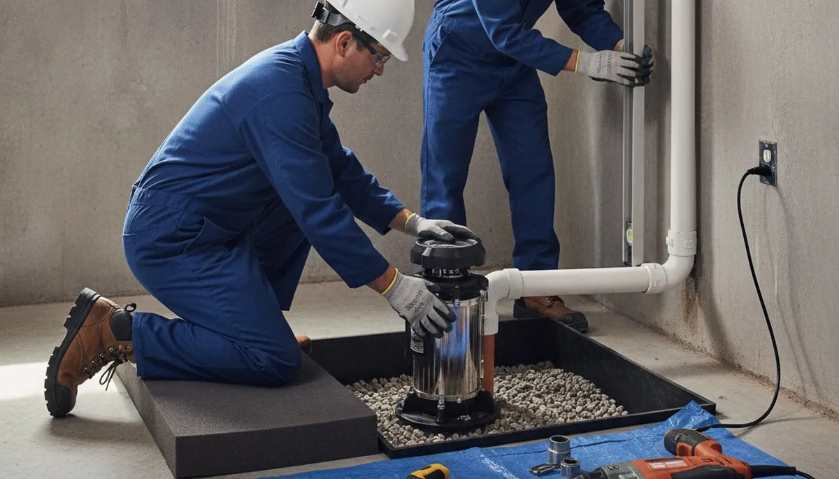 Seattle plumber installing sump pump for basement flood protection in a home garage