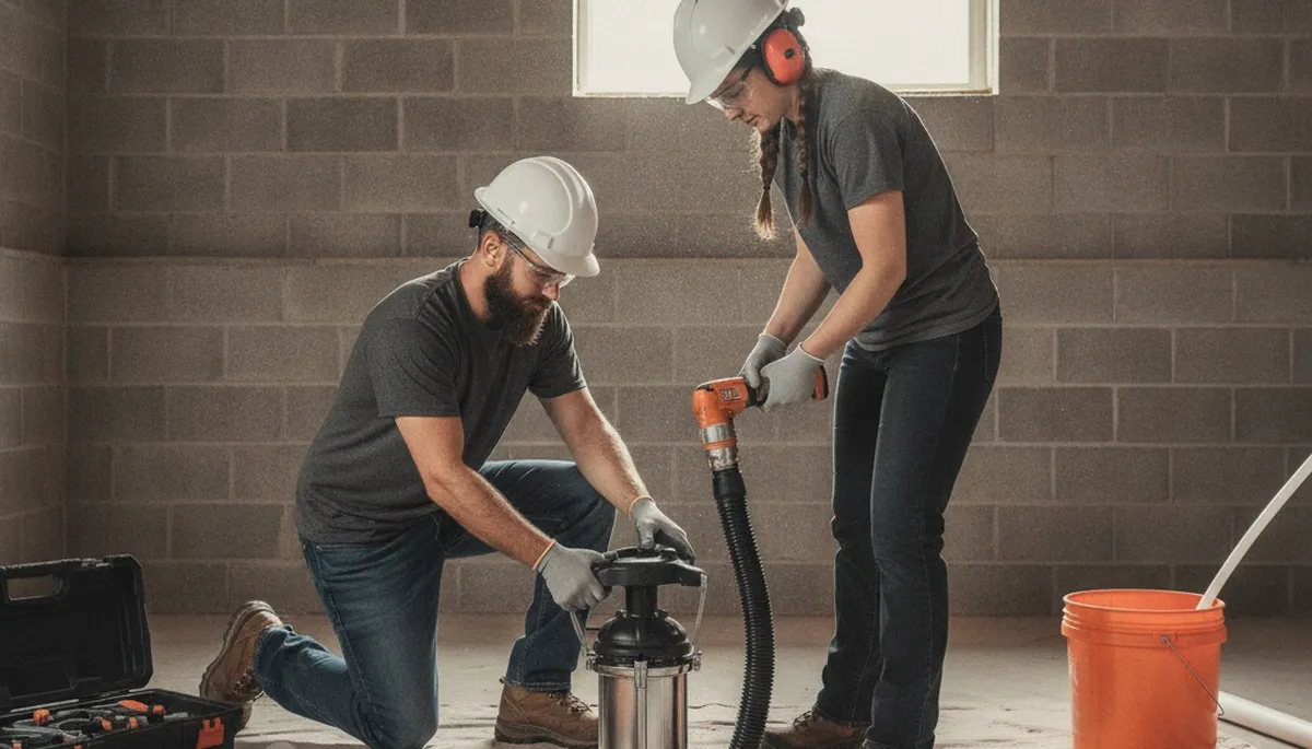 Seattle plumbers installing a sump pump to protect a home basement from heavy rainfall flooding
