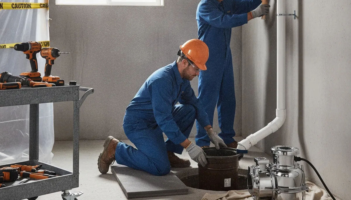 Seattle plumber installing sump pump for basement flood protection in a home