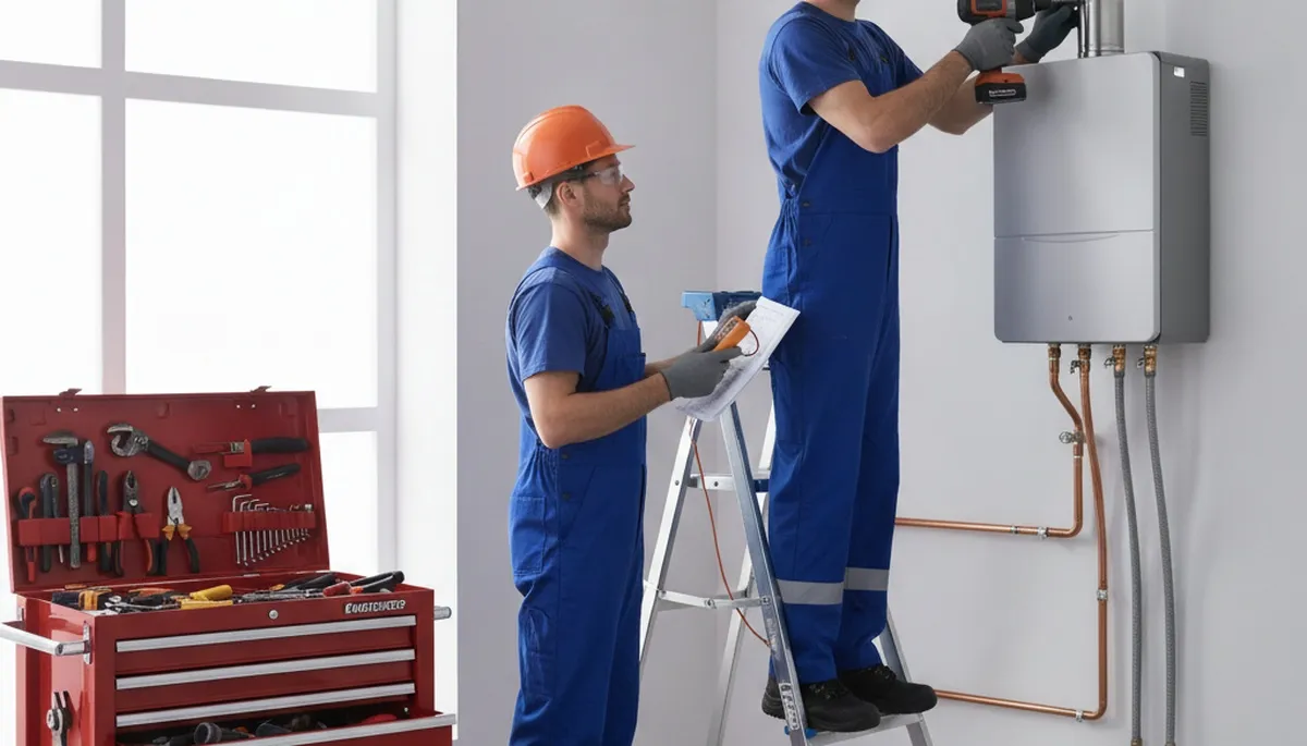 Seattle plumber installing tankless water heater in a home for efficient hot water service